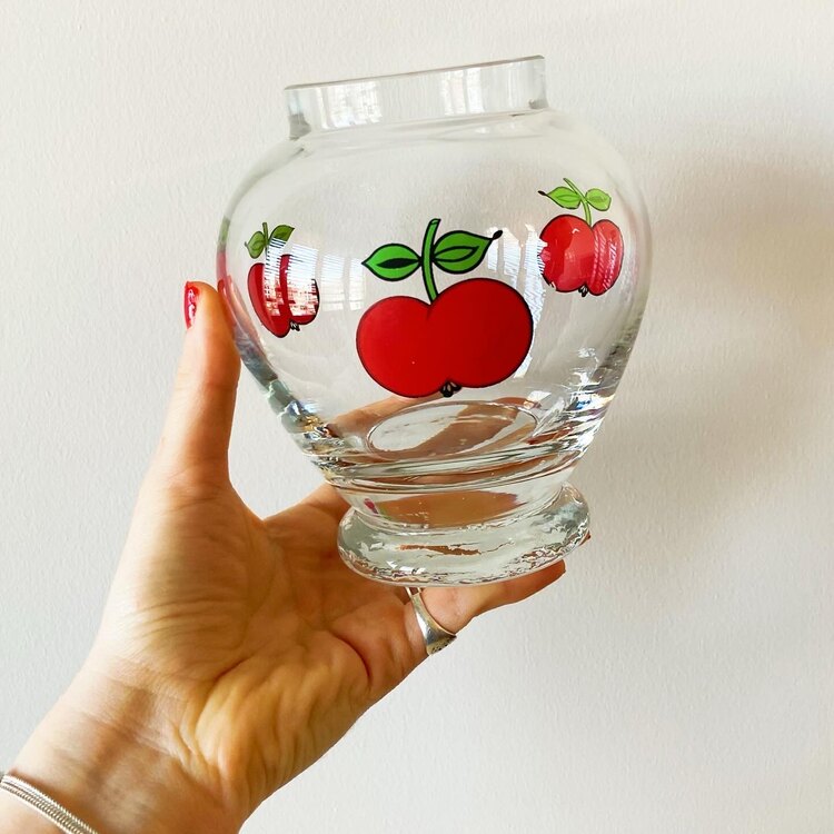 70’s Hand Painted Red Apple Glass Vase