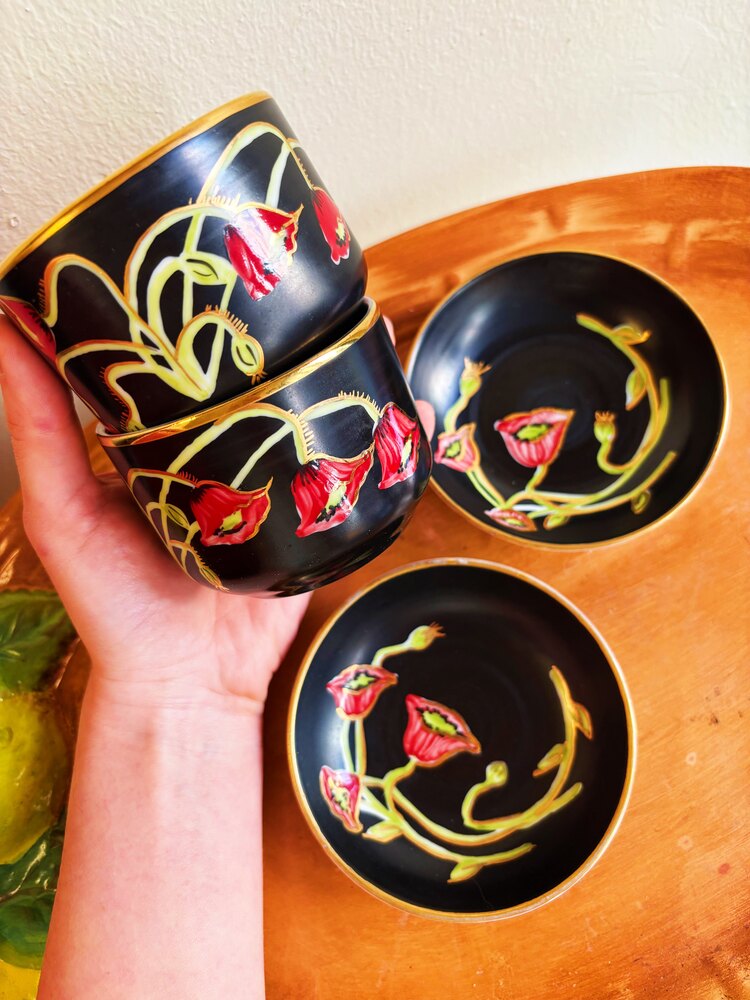 70’s Hand Painted Poppy Cups and Plates