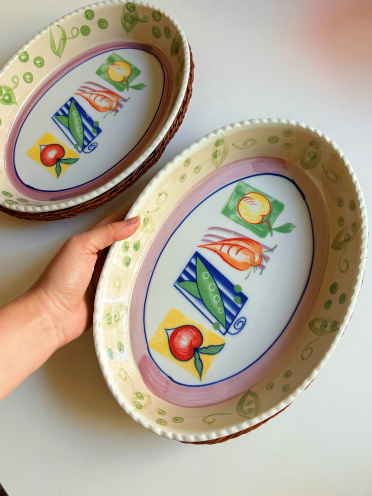Vintage Veggies Oven Dishes with Rattan Trivet