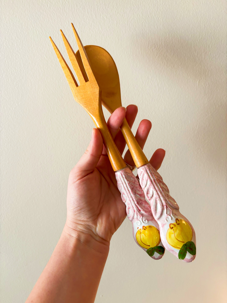 Italian Handmade Wooden Salad Servers with Ceramic Handles 