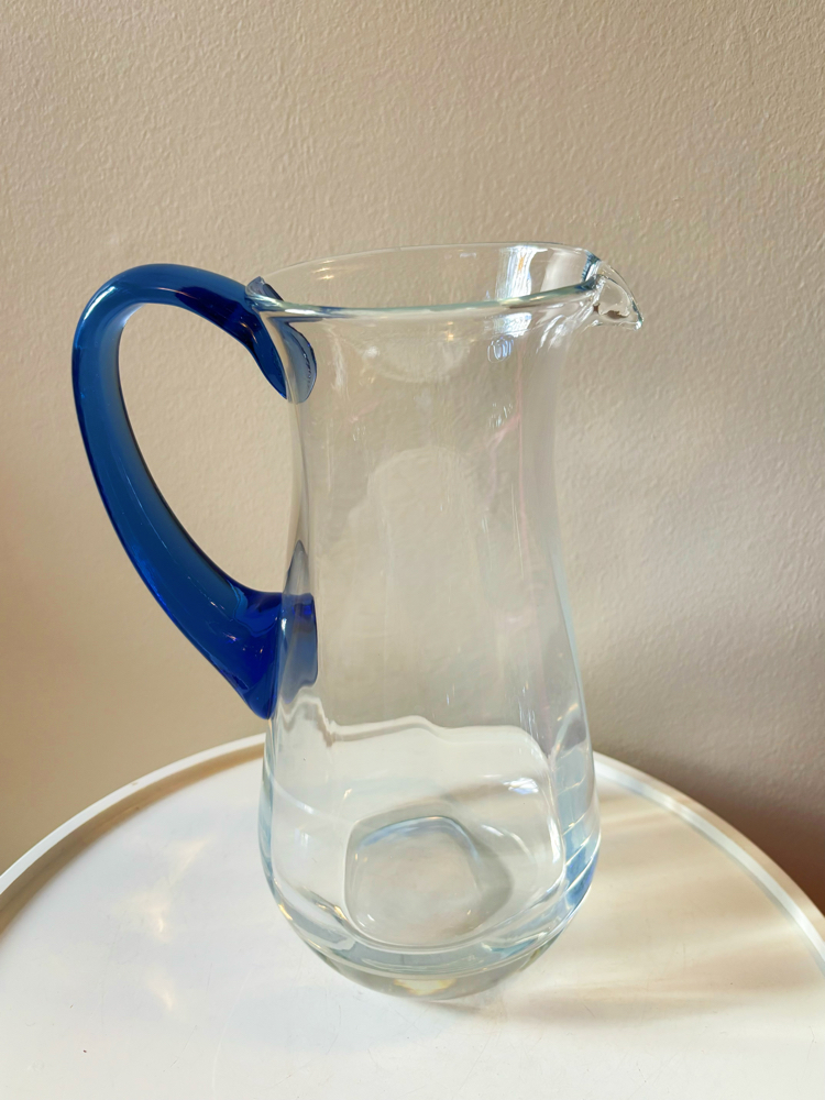 80’s Handmade Glass Jug with Blue Handle