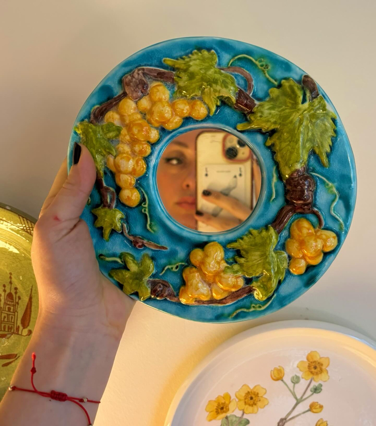 Grapes Embossed Handmade Ceramic Wall Mirror 