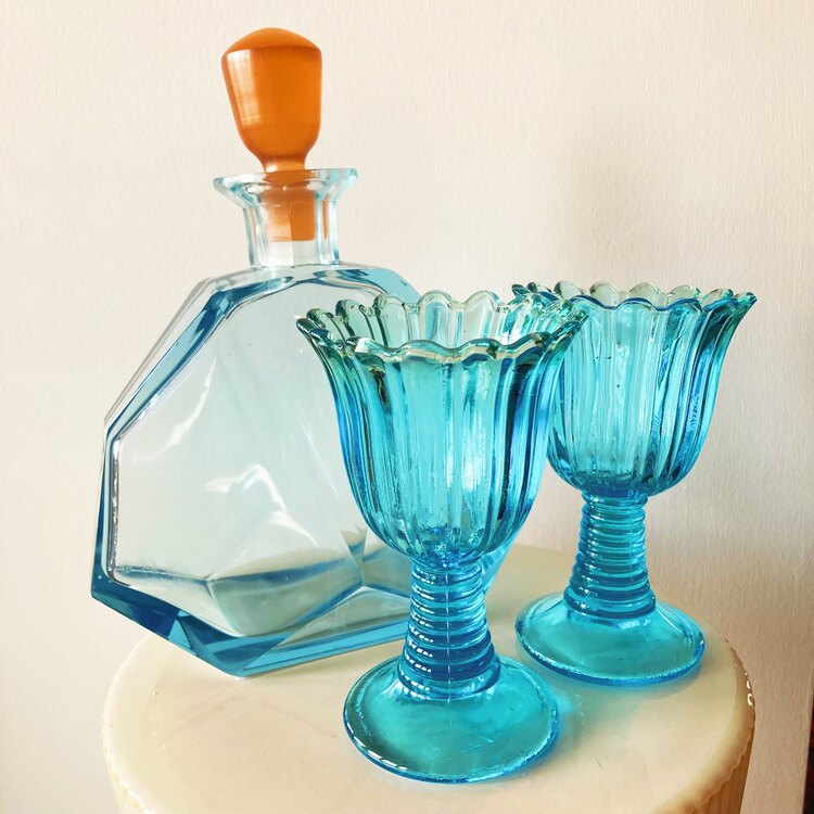 Blue Glass Flower Shaped Goblets