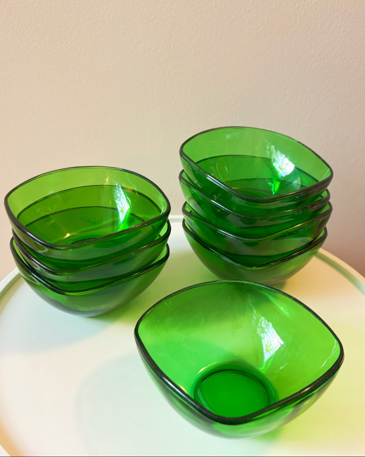 70’s French Vereco Square Green Glass Bowls