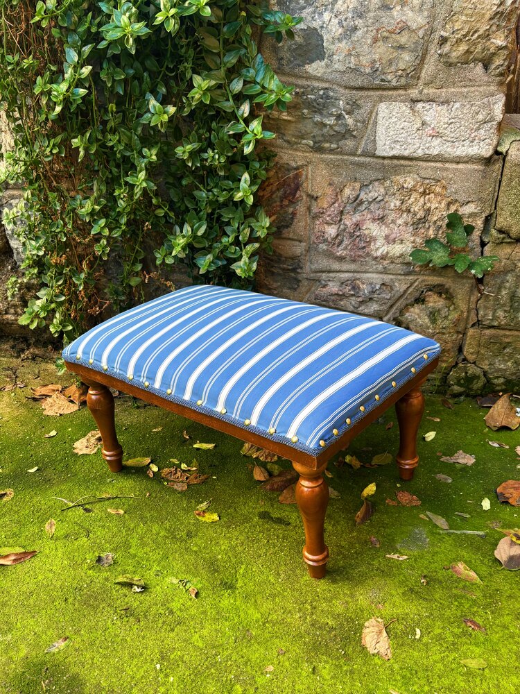 Blue + White Striped Walnut Foot Stool 
