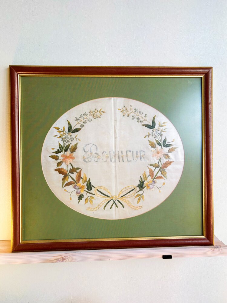 1930s “Bonheur” French Embroidery on Silk Wall Art 