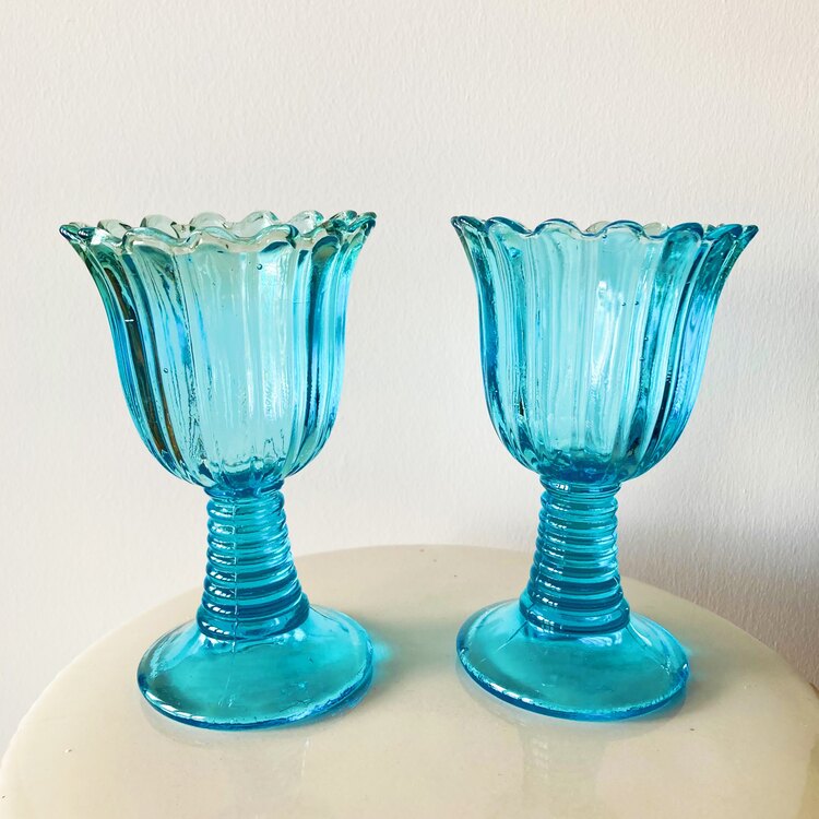 Blue Glass Flower Shaped Goblets