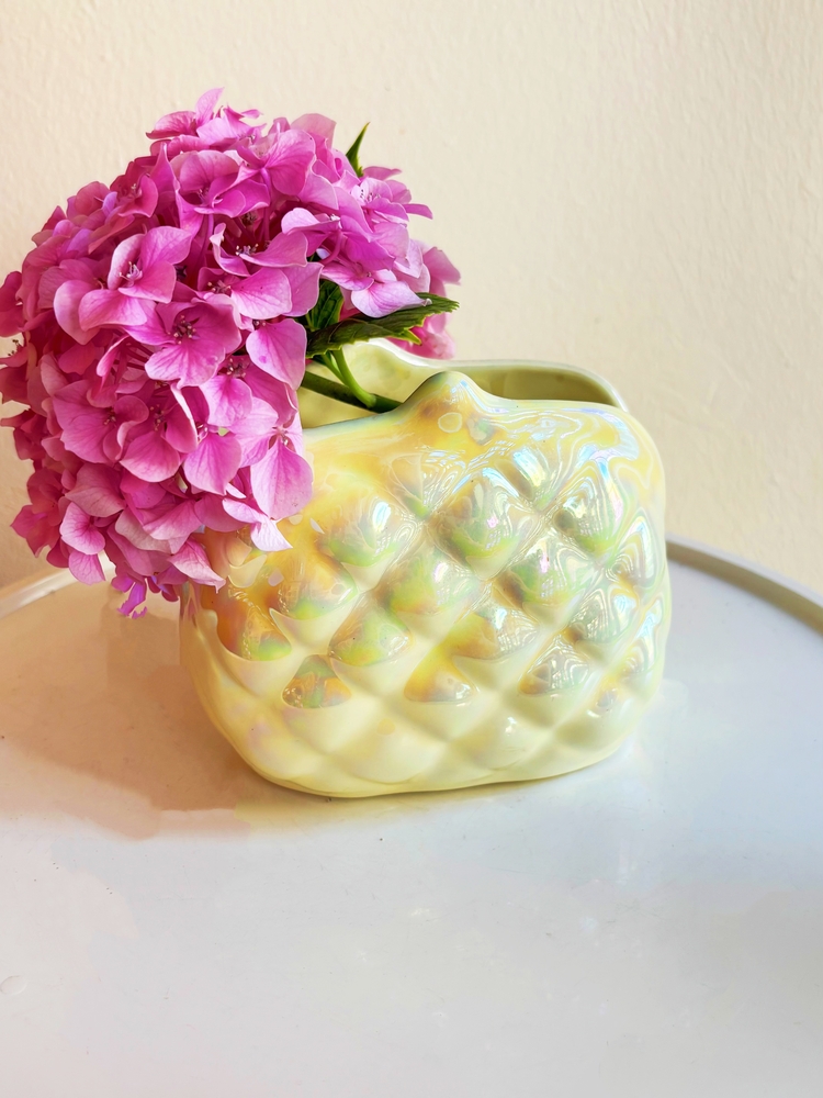 80’s Iridescent Ceramic Purse Shaped Vase