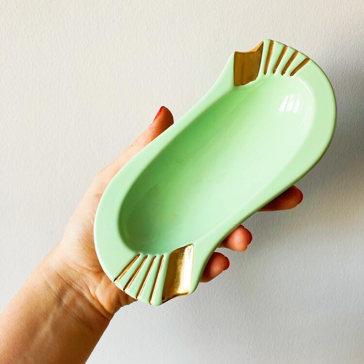 80’s Mint Ceramic Ashtray with Gold Details 