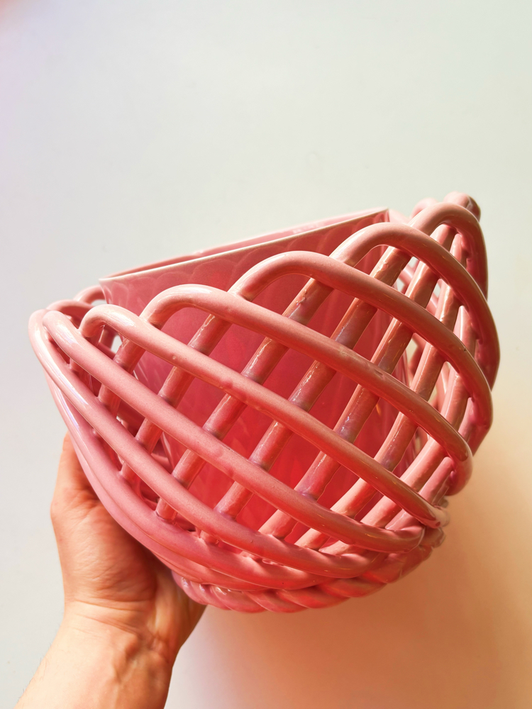 80’s Handmade Ceramic Pink Flowerpot 