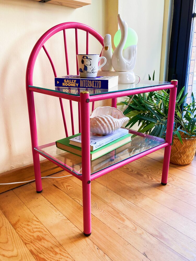 80’s Pink Metal + Glass Bedside Table 
