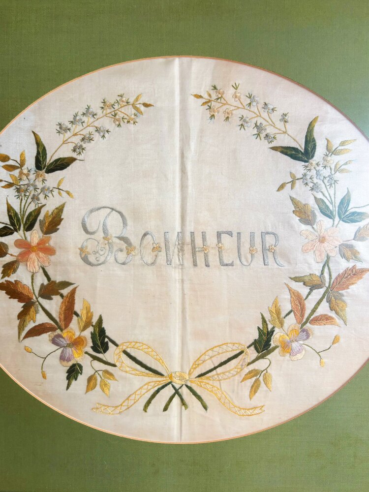 1930s “Bonheur” French Embroidery on Silk Wall Art 