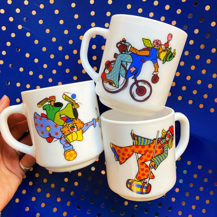 80’s Opaline Glass Clown Mugs