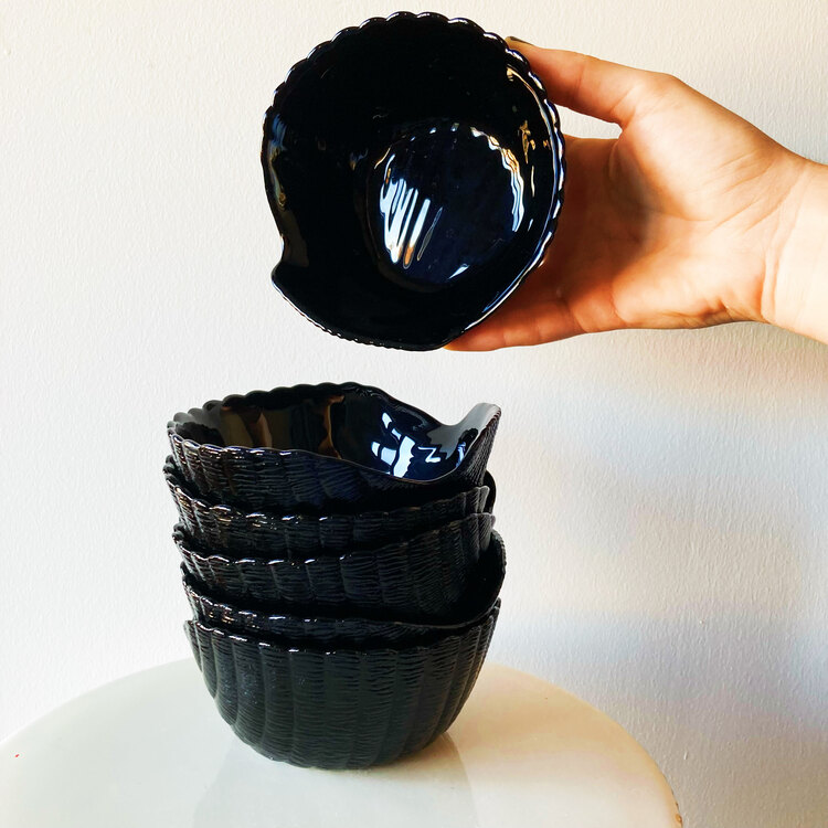 80’s French Black Opaline Seashell Bowls