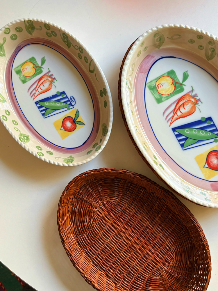 Vintage Veggies Oven Dishes with Rattan Trivet