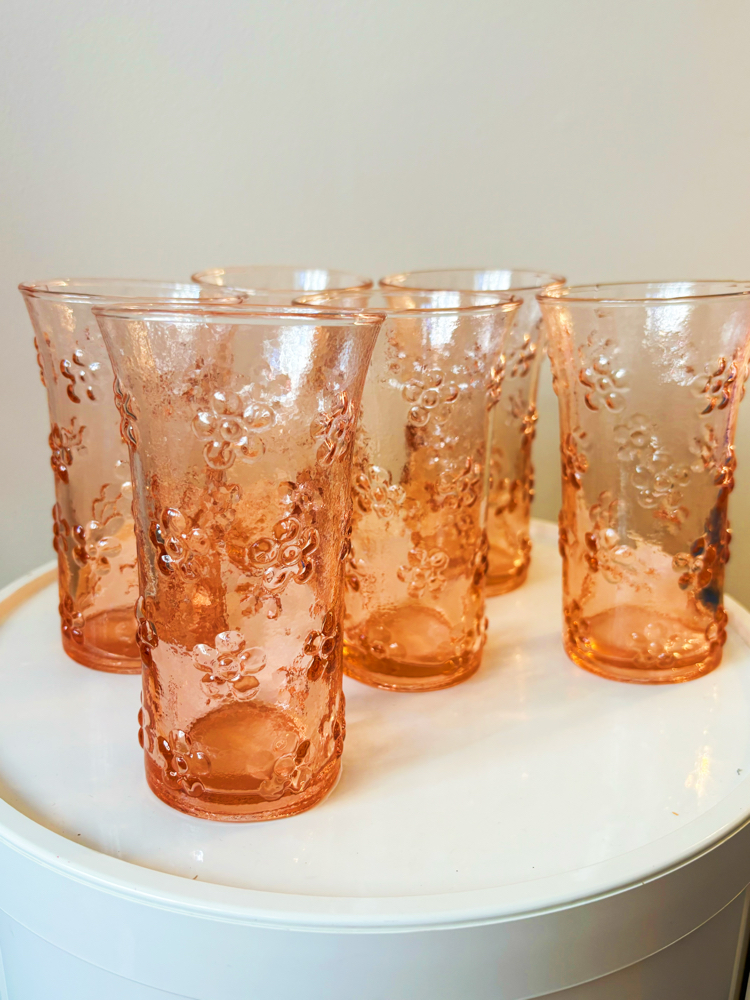 80’s Pink Glass Flower Embossed Tumblers 