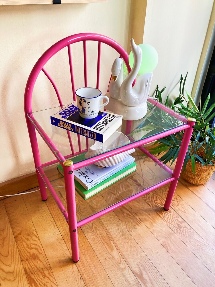 80’s Pink Metal + Glass Bedside Table 