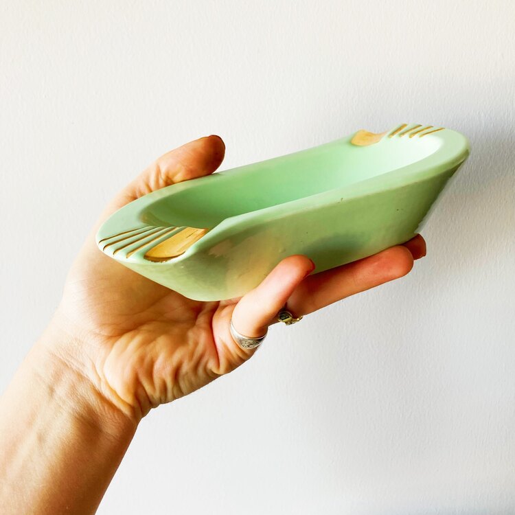 80’s Mint Ceramic Ashtray with Gold Details 