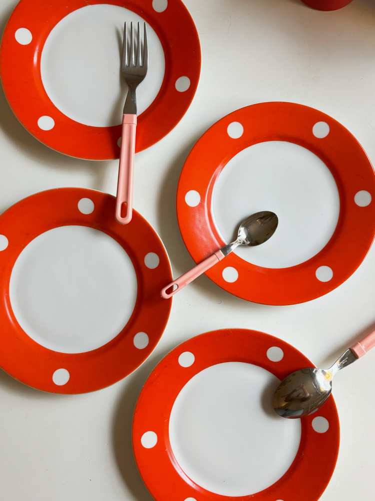 80’s Russian Orange Polka Dot Porcelain Plates