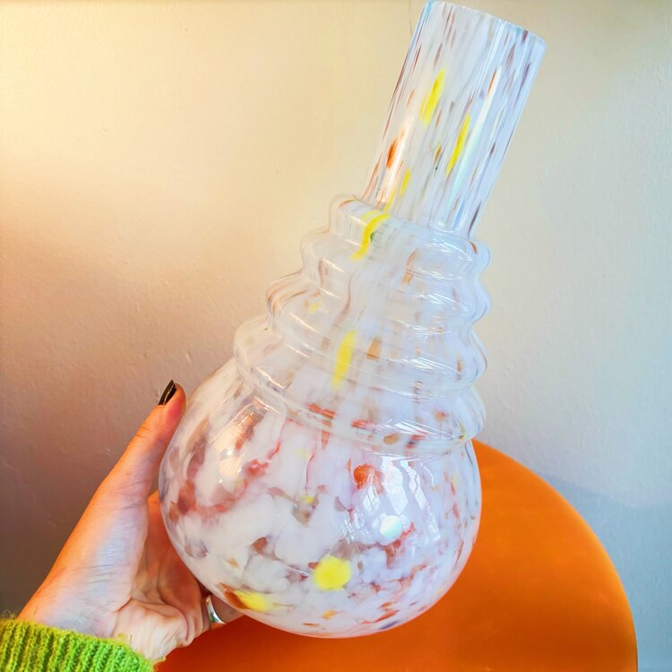 White Hand Blown Glass Vase with Colorful Dots