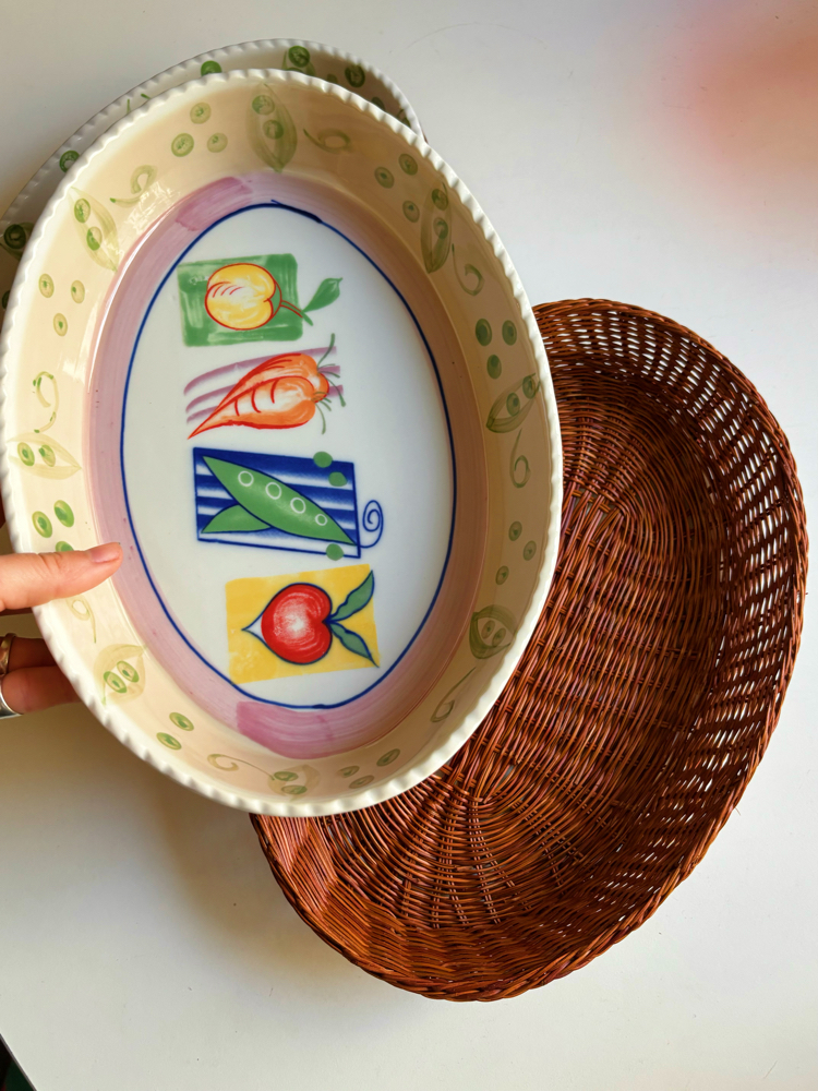 Vintage Veggies Oven Dishes with Rattan Trivet