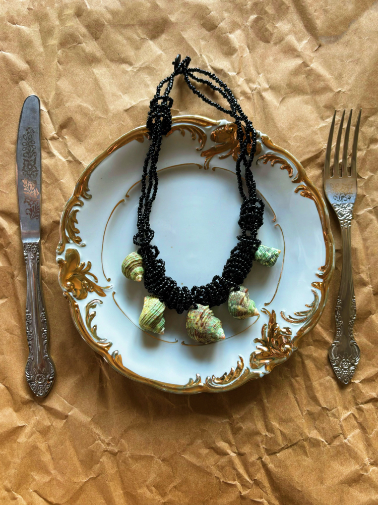 Vintage Beaded Necklace with Green Genuine Seashells