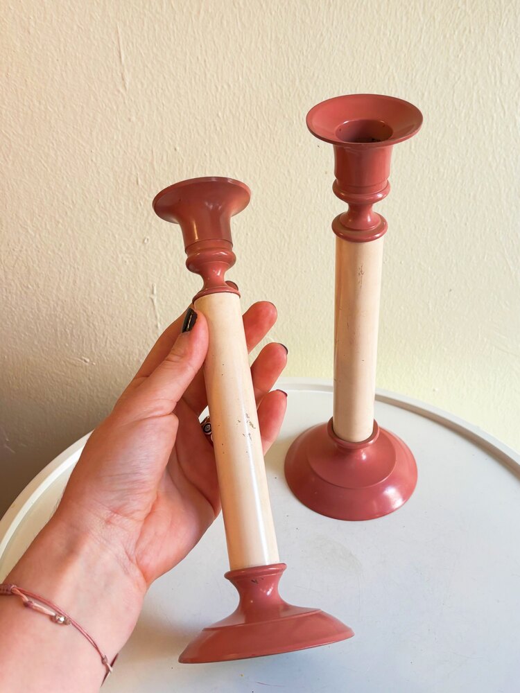 80’s Pink Enamel Plated Brass Candlesticks