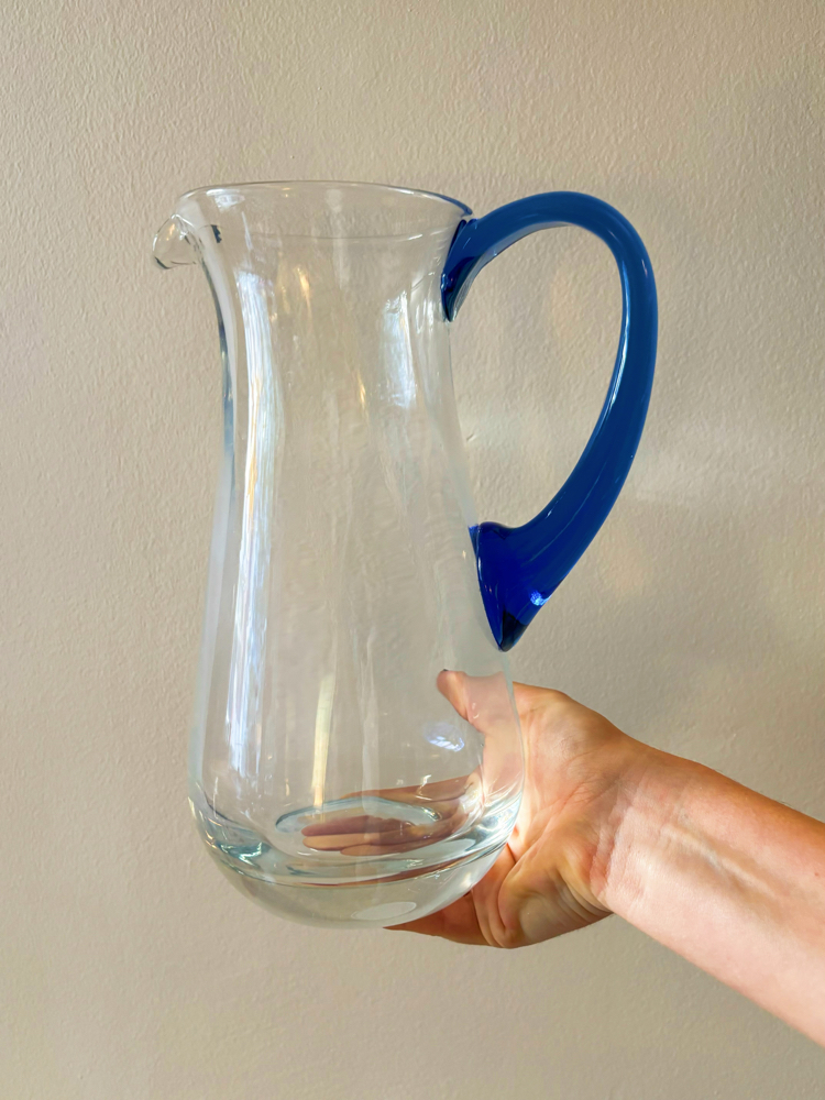 80’s Handmade Glass Jug with Blue Handle