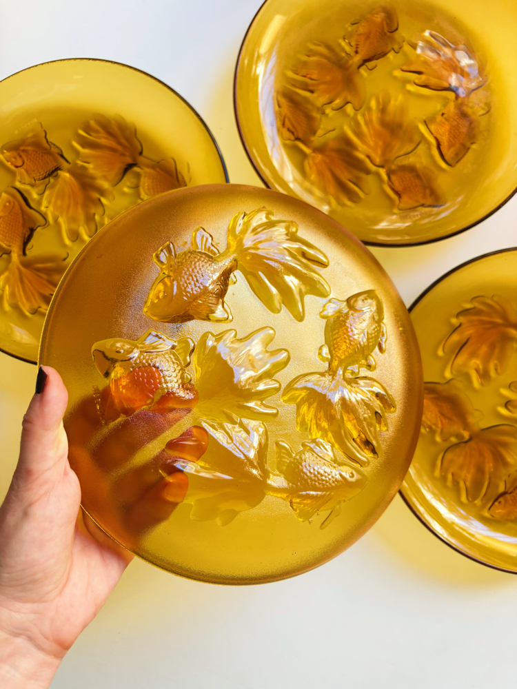 80’s Amber Glass Fish Embossed Plates