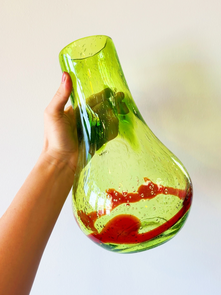 Hand Blown Green + Red Glass Vase 