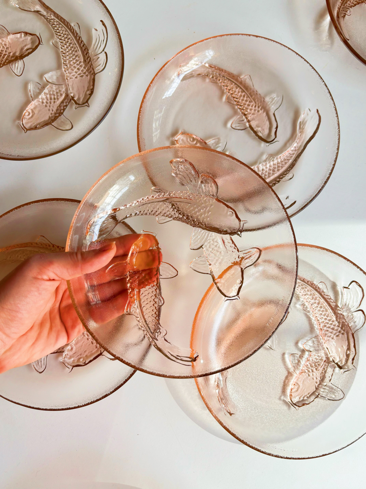 80’s Pink Koi Fish Embossed Glass Plates 
