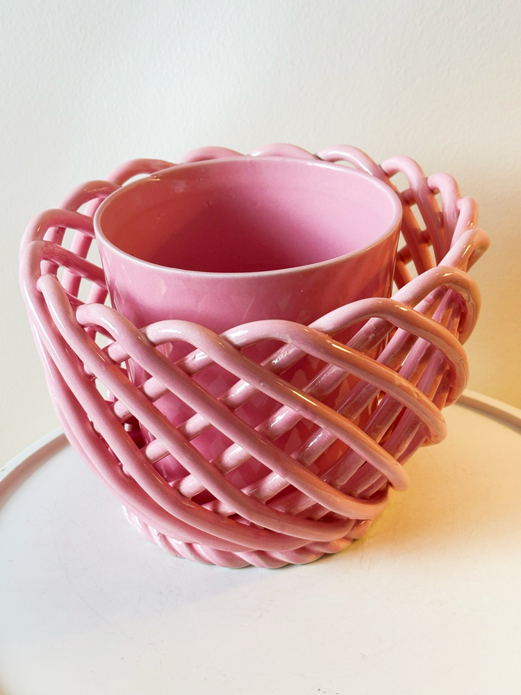 80’s Handmade Ceramic Pink Flowerpot 