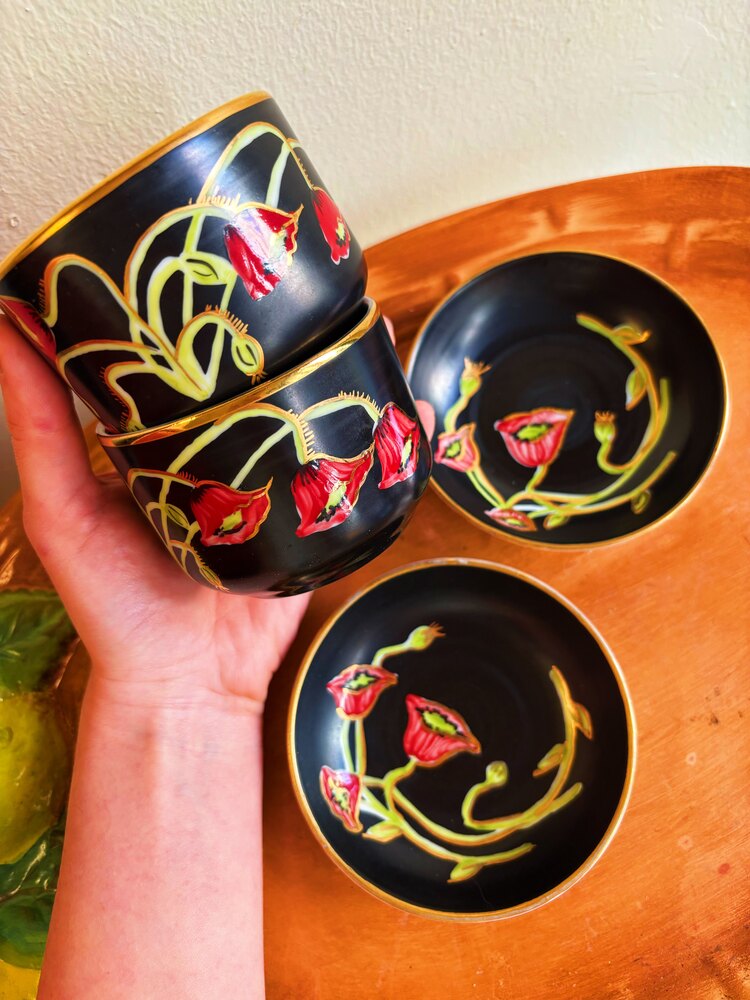 70’s Hand Painted Poppy Cups and Plates