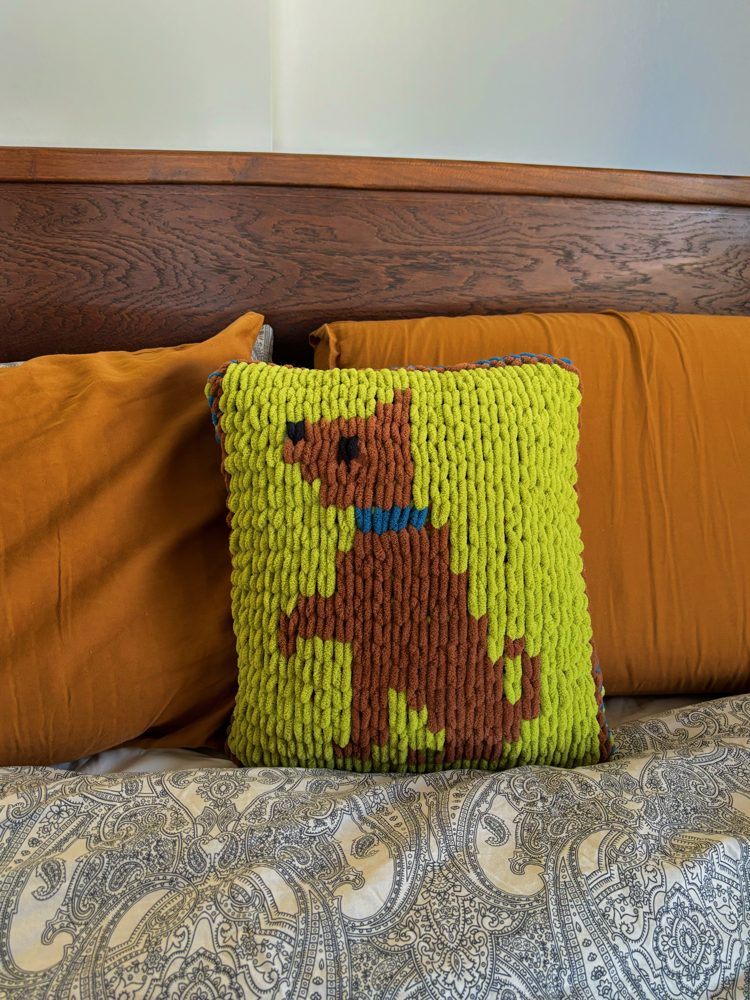 Hand-Knitted Brown Dog Cushion