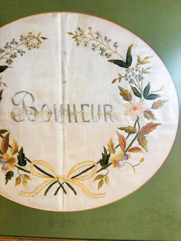 1930s “Bonheur” French Embroidery on Silk Wall Art 