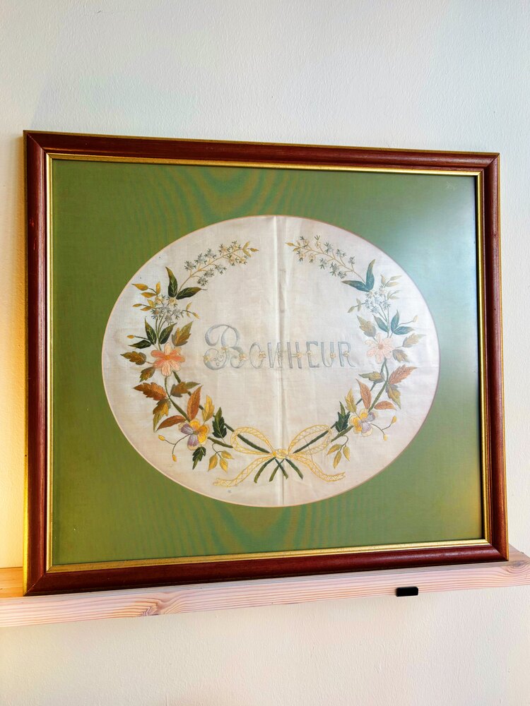 1930s “Bonheur” French Embroidery on Silk Wall Art 