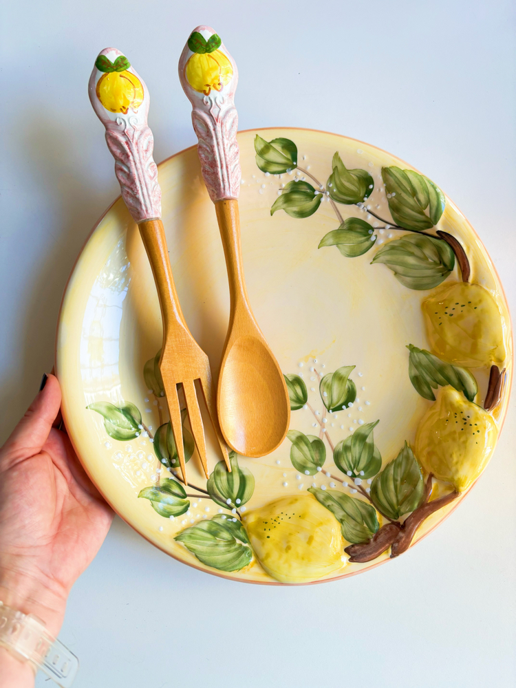 Italian Handmade Wooden Salad Servers with Ceramic Handles 