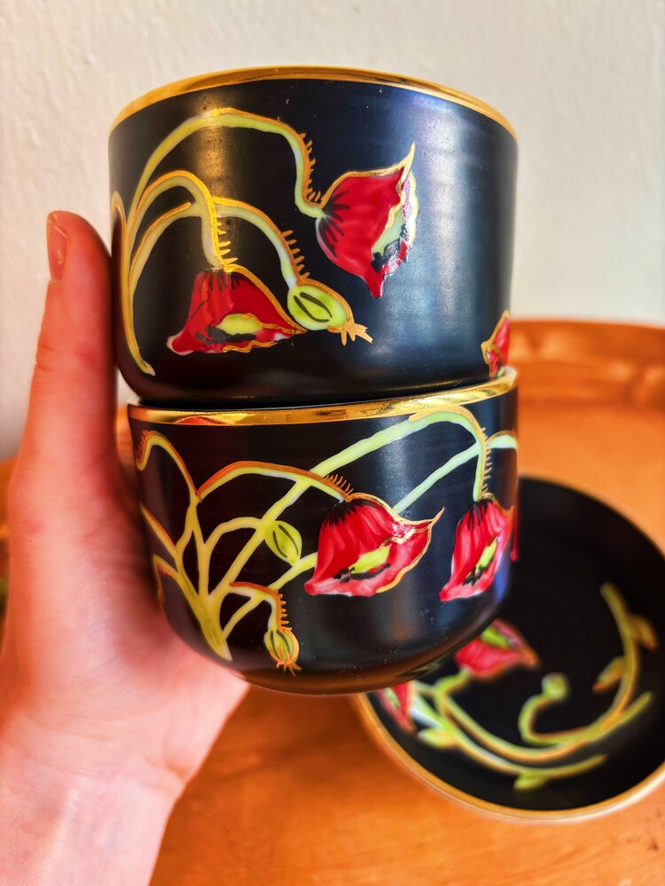70’s Hand Painted Poppy Cups and Plates