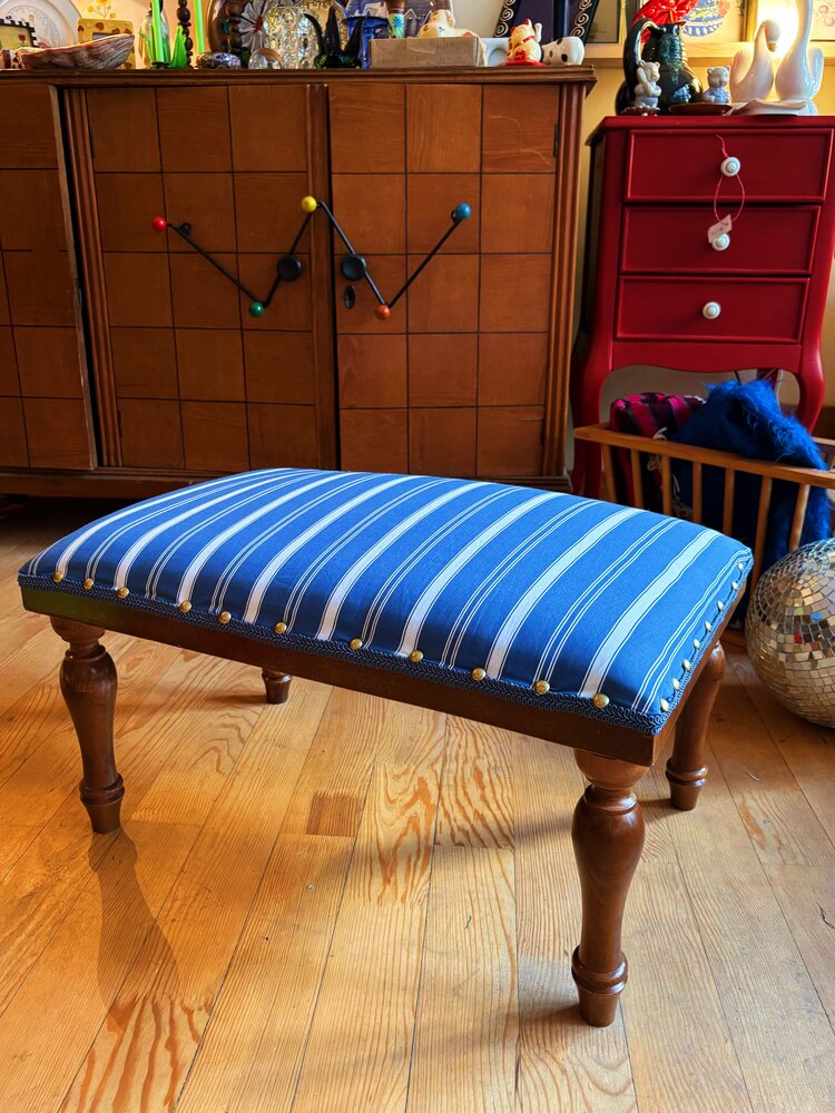 Blue + White Striped Walnut Foot Stool 