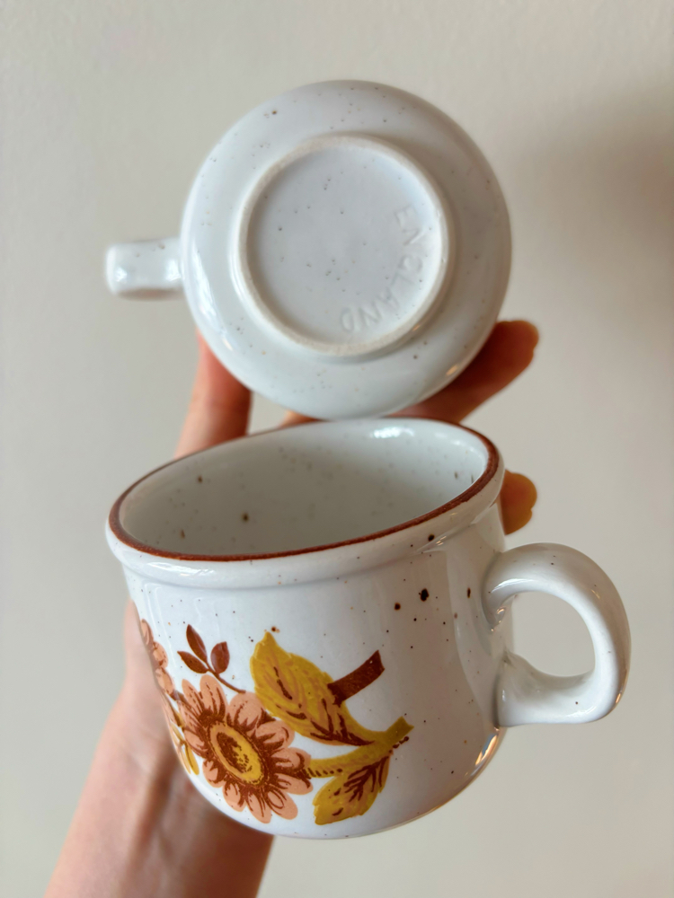English Brown Flowers Stoneware Mugs