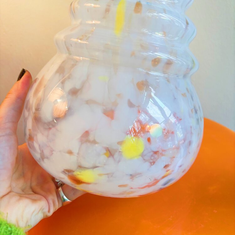 White Hand Blown Glass Vase with Colorful Dots