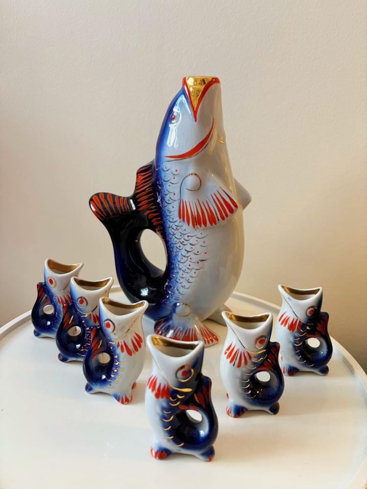 70’s Russian Fish Shaped Porcelain Liquor Set