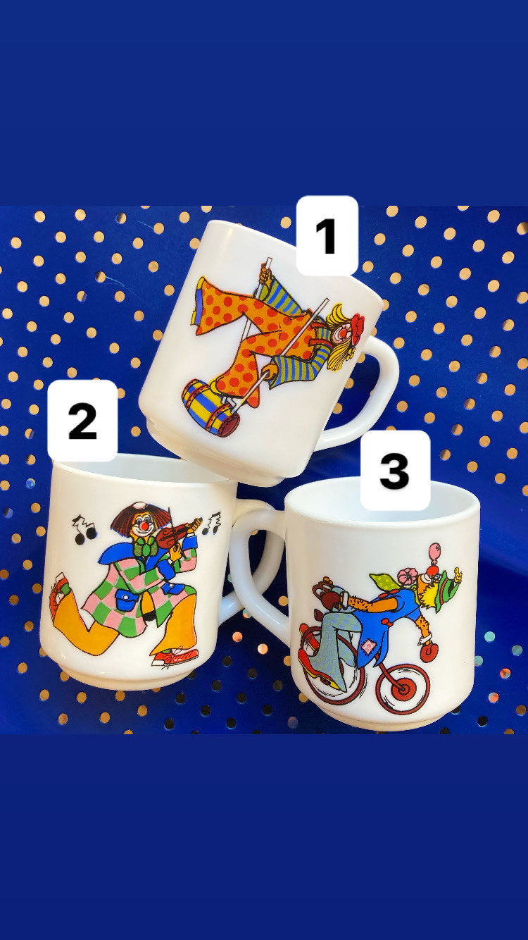 80’s Opaline Glass Clown Mugs