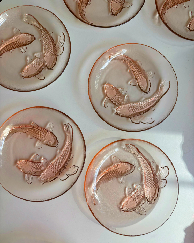 80’s Pink Koi Fish Embossed Glass Plates 