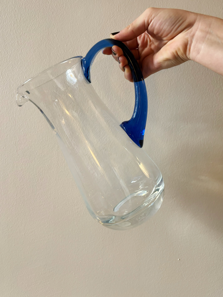 80’s Handmade Glass Jug with Blue Handle