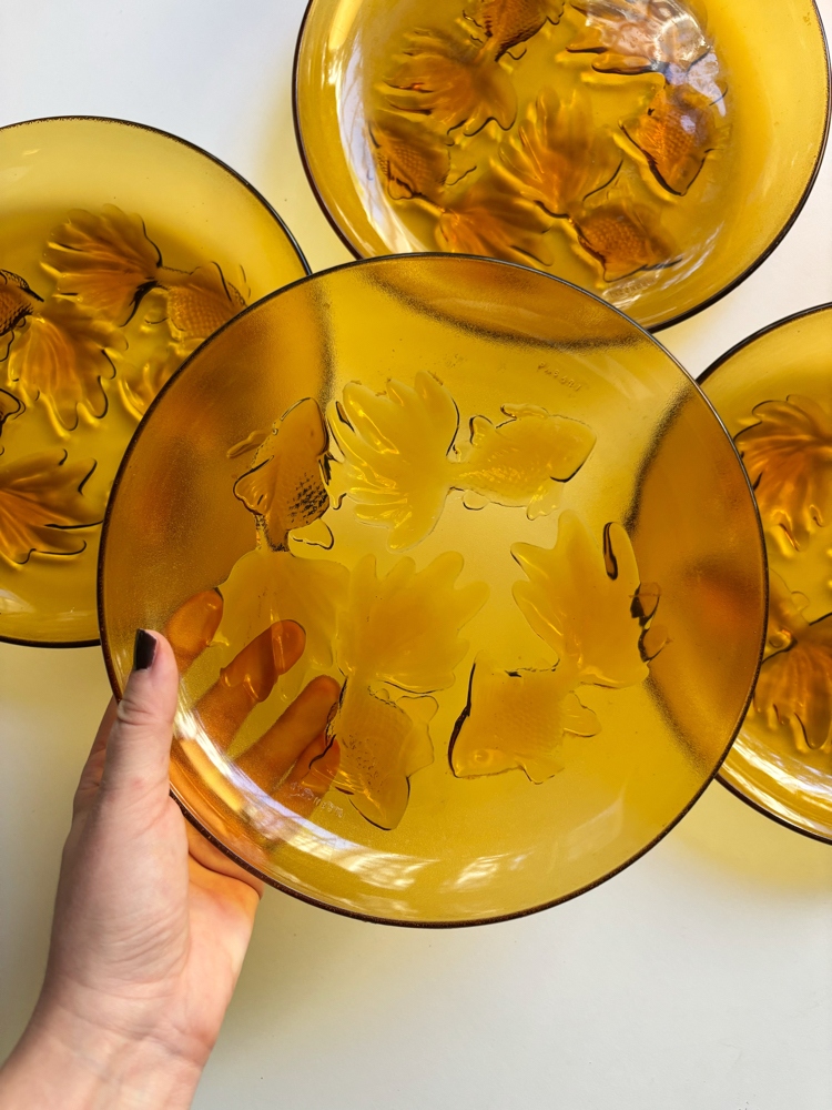 80’s Amber Glass Fish Embossed Plates