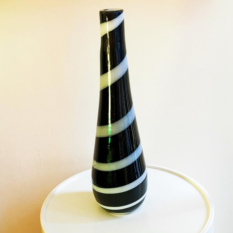 70’s Italian Murano Glass Black and White Striped Tall Vase