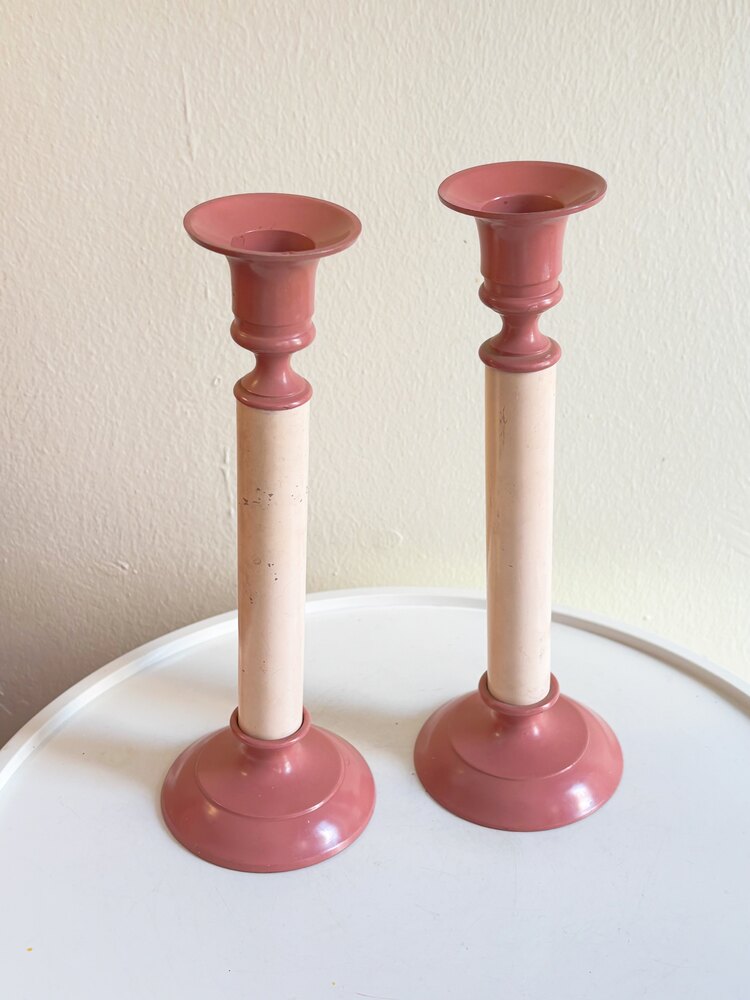 80’s Pink Enamel Plated Brass Candlesticks