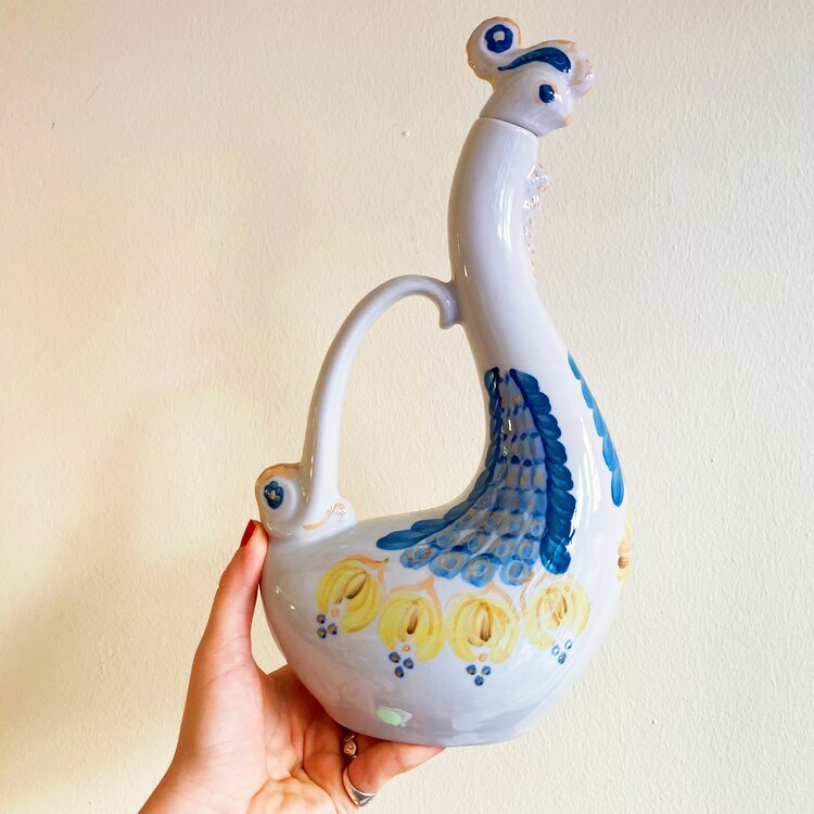 70’s Handmade Polish Porcelain Bird Carafe  