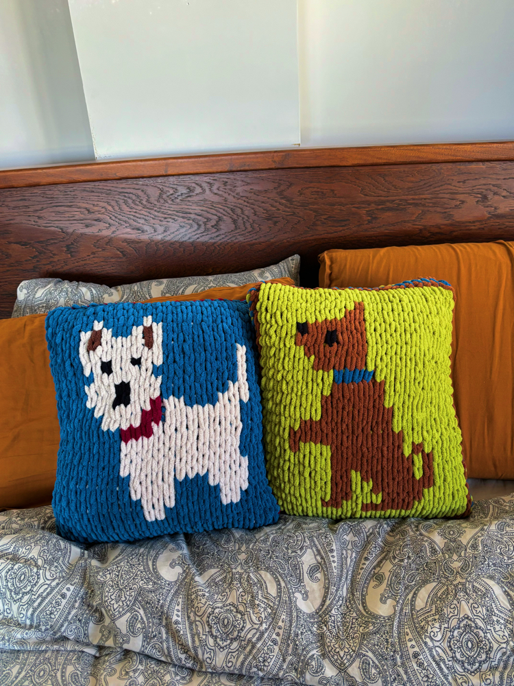 Hand-Knitted Brown Dog Cushion